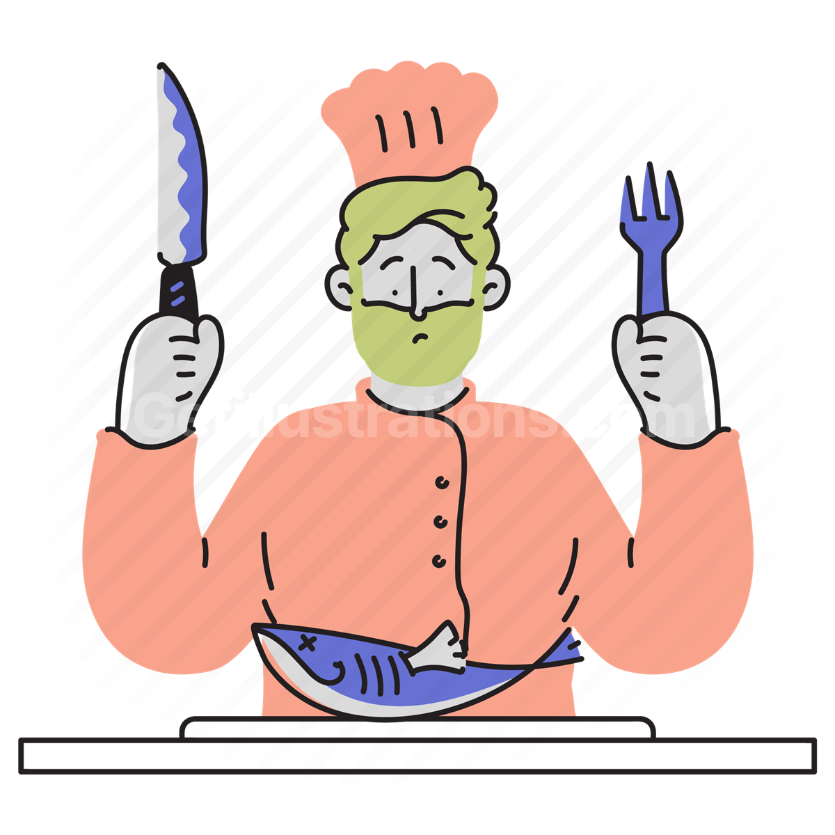 cooking, kitchen, chef, sushi, seafood, fish, fork, knife, man